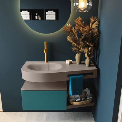 MONDIAZ RIVA 100cm badmeubel onderkast / planchet kleur Smag met 1 lade. Wastafel DULCET links 1 kraangat kleur Smoke. MONDIAZ RIVA 100cm badmeubel onderkast / planchet kleur Smag met 1 lade. Wastafel DULCET links 1 kraangat kleur Smoke.