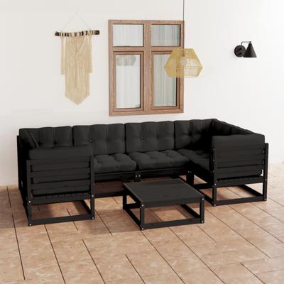7-delige Loungeset met kussens massief grenenhout zwart