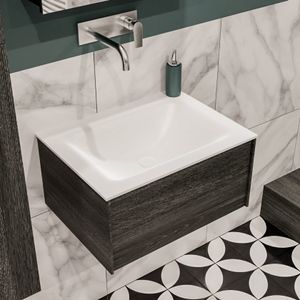 Mondiaz Lush Cloud badmeubel eiken donker bruin 60 cm 1 lade solid surface enkele spoelbak midden zonder kraangat