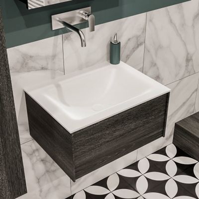 Mondiaz Lush Cloud badmeubel eiken Dark brown 60 cm 1 lade solid surface enkele spoelbak midden zonder kraangat