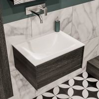 Mondiaz Lush Cloud badmeubel eiken donker bruin 60 cm 1 lade solid surface enkele spoelbak midden zonder kraangat