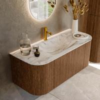 Mondiaz KURVE-DLUX 110 cm Onderkast Greeploos 1 Lade Met Deuren Walnut, Wastafel Solid Surface Midden Glace 1 Kraangat Zonder Spiegel (KRVCLO110L+R1L2D1KM-Wal/Gla)