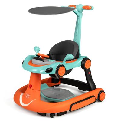 7-in-1 Loopstoeltje met Kap Loopwagen met Instelbare Hoogte en Snelheid Opvouwbare Babywalker met Speelbord Muziek Licht en Wielen Loopstoeltje voor Baby's vanaf 6 Maanden Oranje en Groen