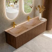 Badmeubel Mondiaz Kurve-Dlux | 155 cm | Meubelkleur Walnut | Wastafelkleur Saba | Solid surface | Dubbel / Links spoelbak | 2 kraangaten