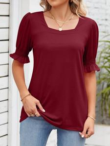 Loose Plain Casual Square Neck Shirt