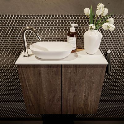 Mondiaz Fowy toiletmeubel 60cm dark brown met blad en waskom talc links 1 kraangat