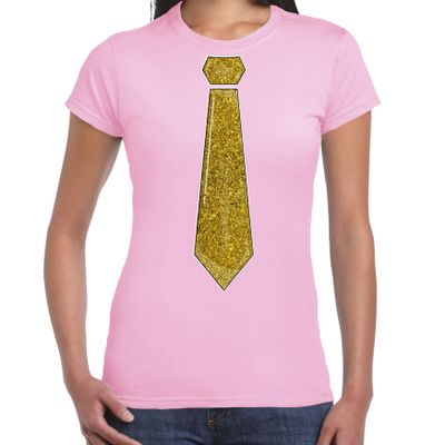 Verkleed t-shirt voor dames - stropdas glitter goud - licht roze - carnaval - foute party
