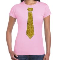 Verkleed t-shirt voor dames - stropdas glitter goud - licht roze - carnaval - foute party