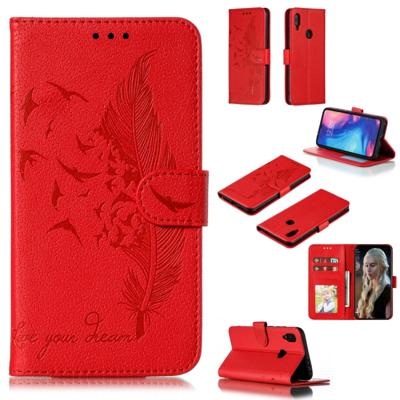 Feather patroon Litchi textuur horizontale Flip lederen draagtas met portemonnee & houder & kaartsleuven voor Xiaomi Redmi Note 7 (rood)