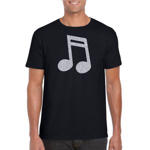 Zilveren muziek noot / muziek feest t-shirt / kleding zwart heren