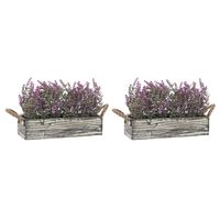 Lavendel bloemen kunstplant in houten bloempot - 2x - lila paarse bloemen - 30 x 12 x 21 cm