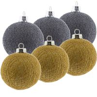 6x Grijze en gouden kerstballen 6,5 cm Cotton Balls kerstboomversiering