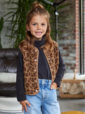 Mouwloos meisjesvestje van sherpa met luipaardprint bruin