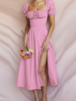 Women's Short Sleeve Summer Pink Plain Square Neck Midi Milkmaid Dress