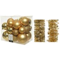 Kerstversiering kunststof kerstballen 6-8-10 cm met folieslingers pakket goud van 28x stuks - Kerstbal - thumbnail