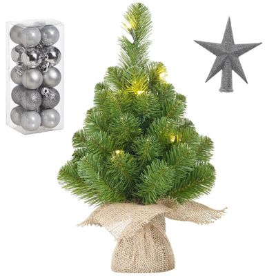Kunst kerstboom met 10 LED lampjes 45 cm inclusief zilveren versiering 21-delig