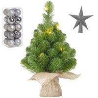 Kunst kerstboom met 10 LED lampjes 45 cm inclusief zilveren versiering 21-delig