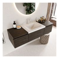 Mondiaz Bukla 140cm badmeubel met module 40 dark brown 3 lades met wastafel midden 1 kraangat kleur talc