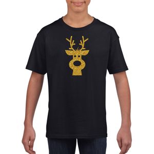 Rendier hoofd Kerst t-shirt zwart voor kinderen met gouden glitter bedrukking