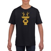 Rendier hoofd Kerst t-shirt zwart voor kinderen met gouden glitter bedrukking - thumbnail