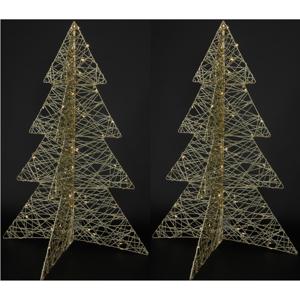 Lichtboompjes/kerstboompjes 3D - 2x - H76 cm - goud - metaal - 60 leds warm wit -verlichte figuren