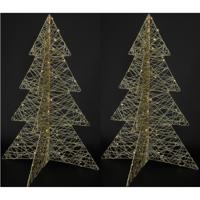 Lichtboompjes/kerstboompjes 3D - 2x - H76 cm - goud - metaal - 60 leds warm wit -verlichte figuren