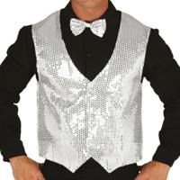 Verkleed set voor heren - gilet en vlinderstrikje - zilver - pailletten - one size - carnaval