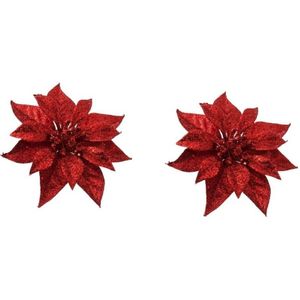 2x Kerstboomversiering bloem op clip rode kerstster 18 cm