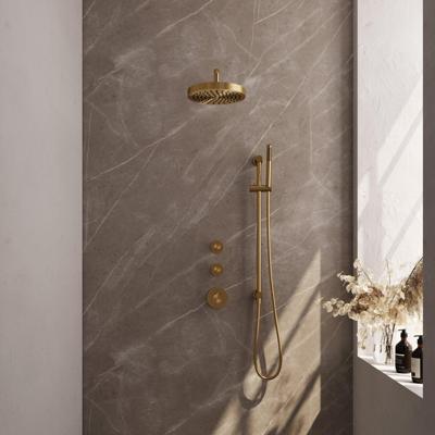 BRAUER Stripe Thermostatische Inbouw Regendouche - SET 08 - 25cm douchekop - gebogen muurarm - staaf handdouche - doucheslang - geïntegreerde glijstang - goud geborsteld PVD 5-GG-379