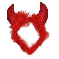 Duivel diadeem haarband met veren en pailletten - rood - halloween   -