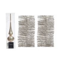 Parel/champagne kerstversiering/kerstdecoratie set piek en 2 folie slingers 270 cm   - - thumbnail