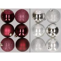 12x stuks kunststof kerstballen mix van aubergine en zilver 8 cm - Kerstbal - thumbnail