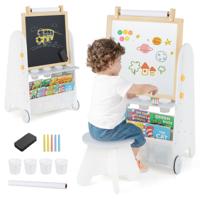 Kinderkunst-Ezel met Kruk 4-In-1 Activiteitentafel met Magnetisch Bord Krijtbord Boekenplanken Papierrol voor Kinderen 3+