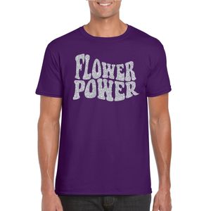 Paars Flower Power t-shirt met zilveren letters heren