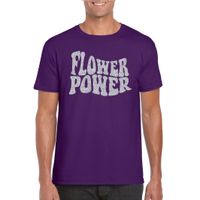 Paars Flower Power t-shirt met zilveren letters heren - thumbnail