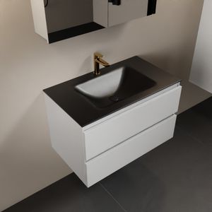 MONDIAZ AIVY 80cm badmeubel Talc, wastafel Urban solid surface midden 1 kraangat met spiegelkast (AI-351171URBAN-SI - AI-M80TAMI - AI-C80TAMI)