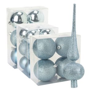 Kerstversiering set kerstballen met piek ijsblauw 6 - 8 - 10 cm - pakket van 63x stuks