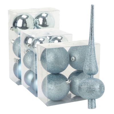 Kerstversiering set kerstballen met piek ijsblauw 6 - 8 - 10 cm - pakket van 63x stuks Kerstversiering set kerstballen met piek ijsblauw 6 - 8 - 10 cm - pakket van 63x stuks
