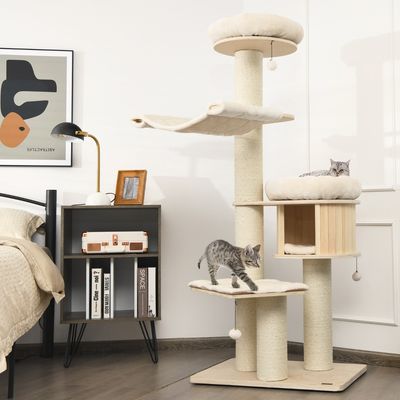 174 cm Massief Houten Krabpaal met Sisal Krabpalen Kattenhok Pluche Zitstok Hangmat Rinkelende Haarbal Klimrek voor Katten