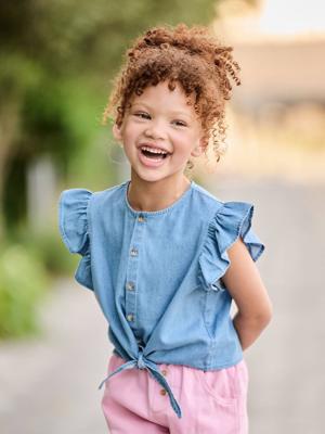 Denim blouse met volantmouwen lichtblauw