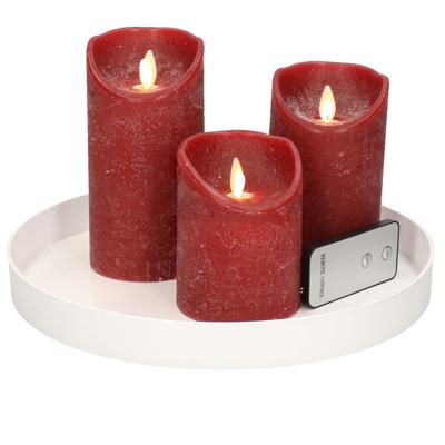 LED kaarsenplateau wit kunststof D27 cm - incl. 3 bordeaux rode LED-kaarsen - Flame effect