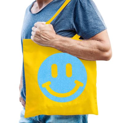 Cadeau tas voor heren - glitter Smile Emoticon - geel - katoen - 42 x 38 cm - Vaderdag - verjaardag