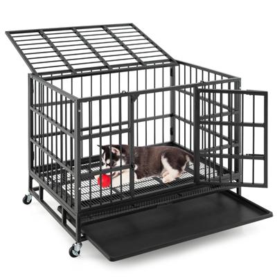 96 cm Opvouwbare Metalen Hondenkooi met Afsluitbare Wielen en 2 Afsluitbare Deuren Kauwbestendige Hondenbench Zwart