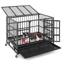 96 cm Opvouwbare Metalen Hondenkooi met Afsluitbare Wielen en 2 Afsluitbare Deuren Kauwbestendige Hondenbench Zwart