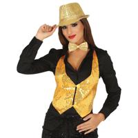 Verkleed set voor dames - gilet/vlinderstrikje/hoed - goud - pailletten - one size - carnaval