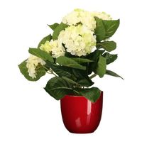 Hortensia kunstplant/kunstbloemen 36 cm - wit/groen - in pot rood glans - Kunstplanten - thumbnail