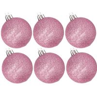 6x stuks kunststof glitter kerstballen roze 8 cm - Kerstbal - thumbnail