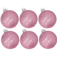 6x stuks kunststof glitter kerstballen roze 8 cm - Kerstbal