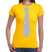 Carnaval verkleed t-shirt - met stropdas - geel - zilver glitters - dames - fun t-shirt