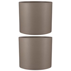 2x stuks bloempot in het relief taupe keramiek voor kamerplant H26 x D28 cm